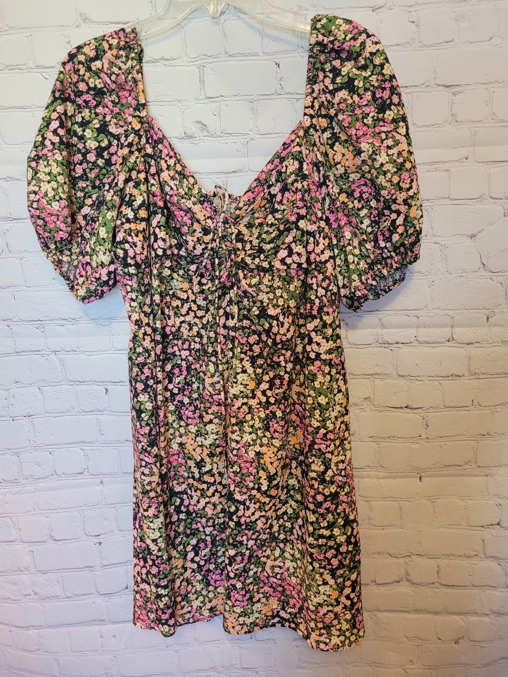H&M NEW Size XXL Black Pink Floral Mini Dress Puffed Short Sleeves